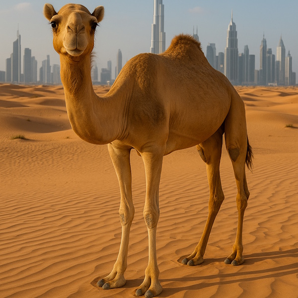 Kamel in der Wüste, im Hintergrund die Stadt Dubai