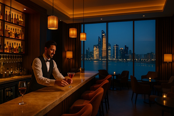 Hotelbar in Abu Dhabi mit Skyline im Hintergrund