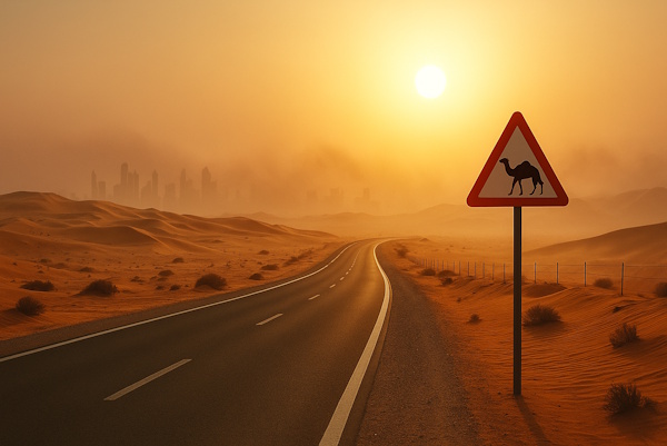 Wüstenstraße in Abu Dhabi mit Warnschild vor Kamelen