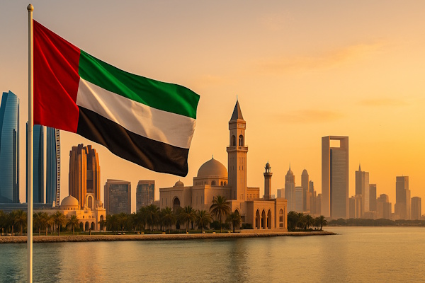 Skyline von Abu Dhabi mit VAE-Flagge im Vordergrund