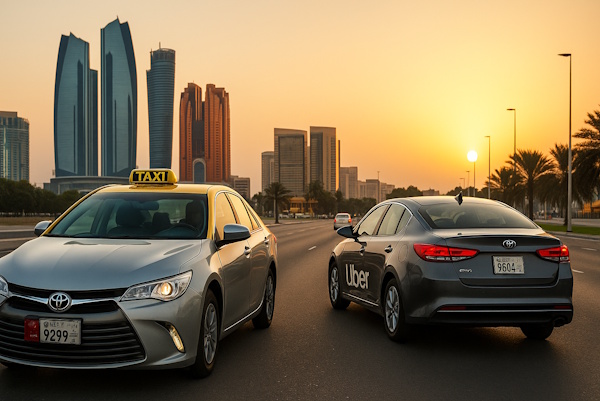 Moderne Taxis und Uber-Autos in Abu Dhabi mit Skyline im Hintergrund