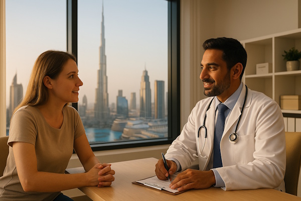 Arztbesuch in Dubai – moderne Klinik mit Skyline im Hintergrund