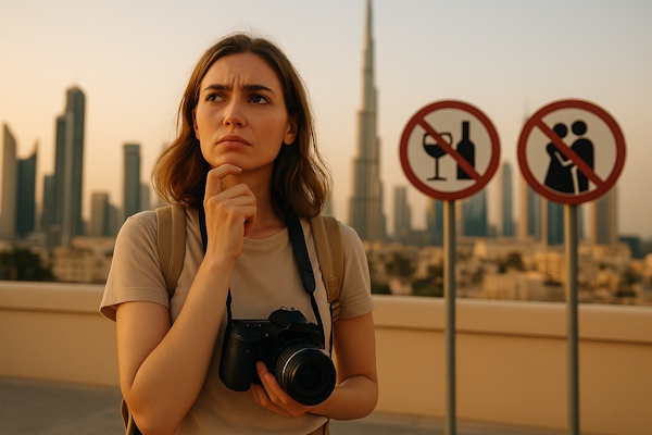 Touristin in Dubai vor Verbotsschildern und Skyline