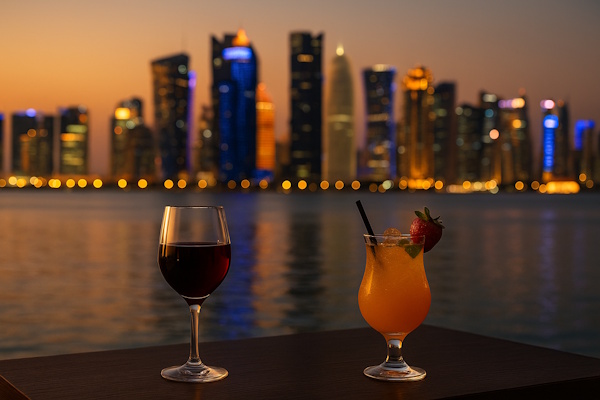Drinks mit Alkohol auf einem Tisch vor der Skyline von Katar