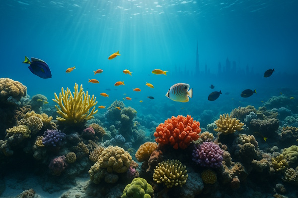 Korallenriff vor der Küste von Dubai mit tropischen Fischen