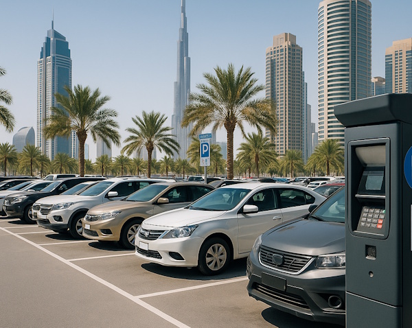 Parkplatz in Dubai mit Hochhäusern und Palmen im Hintergrund