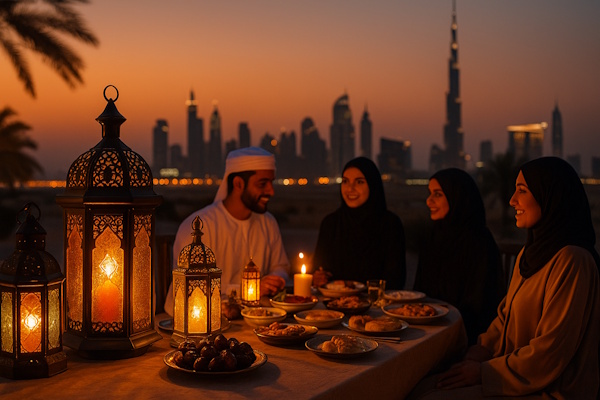 Ramadan in Dubai – Abendessen nach Sonnenuntergang mit Skyline im Hintergrund