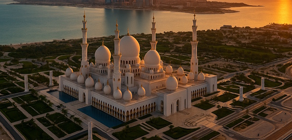 Panorama von Abu Dhabi mit Sheikh-Zayed-Moschee und Skyline