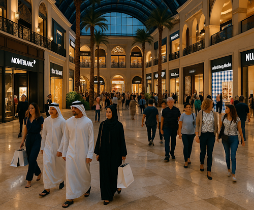 Luxuriöse Shopping-Mall in Dubai mit Menschen beim Einkaufen