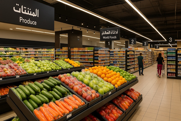 Modern supermarket in Dubai with fruit and international products