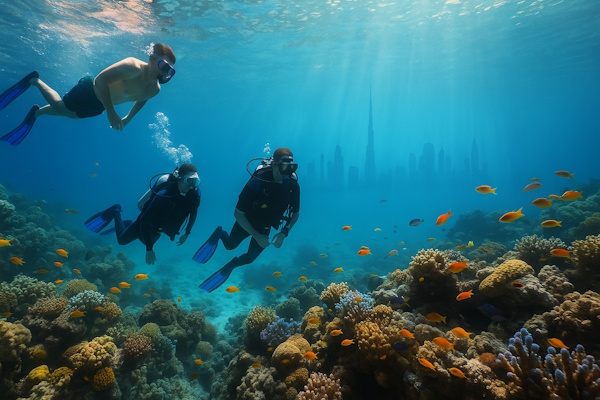 Taucher und Schnorchler am Korallenriff vor der Skyline von Dubai