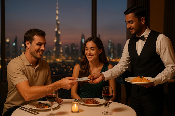 Trinkgeld geben in einem Restaurant mit Blick auf Dubais Skyline