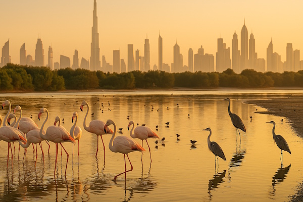 Flamingos und Reiher im Ras Al Khor Wildlife Sanctuary in Dubai