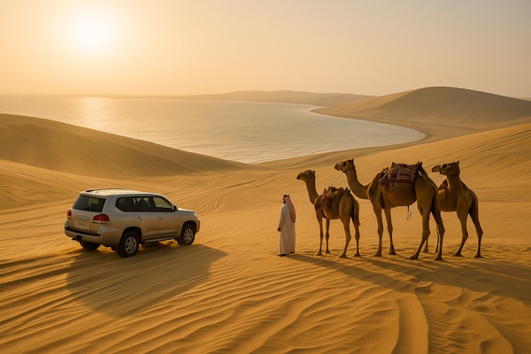 Bild in der Wüste von Katar mit Kamele und Auto