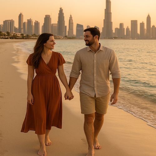 Paar am Strand von Dubai bei Sonnenuntergang